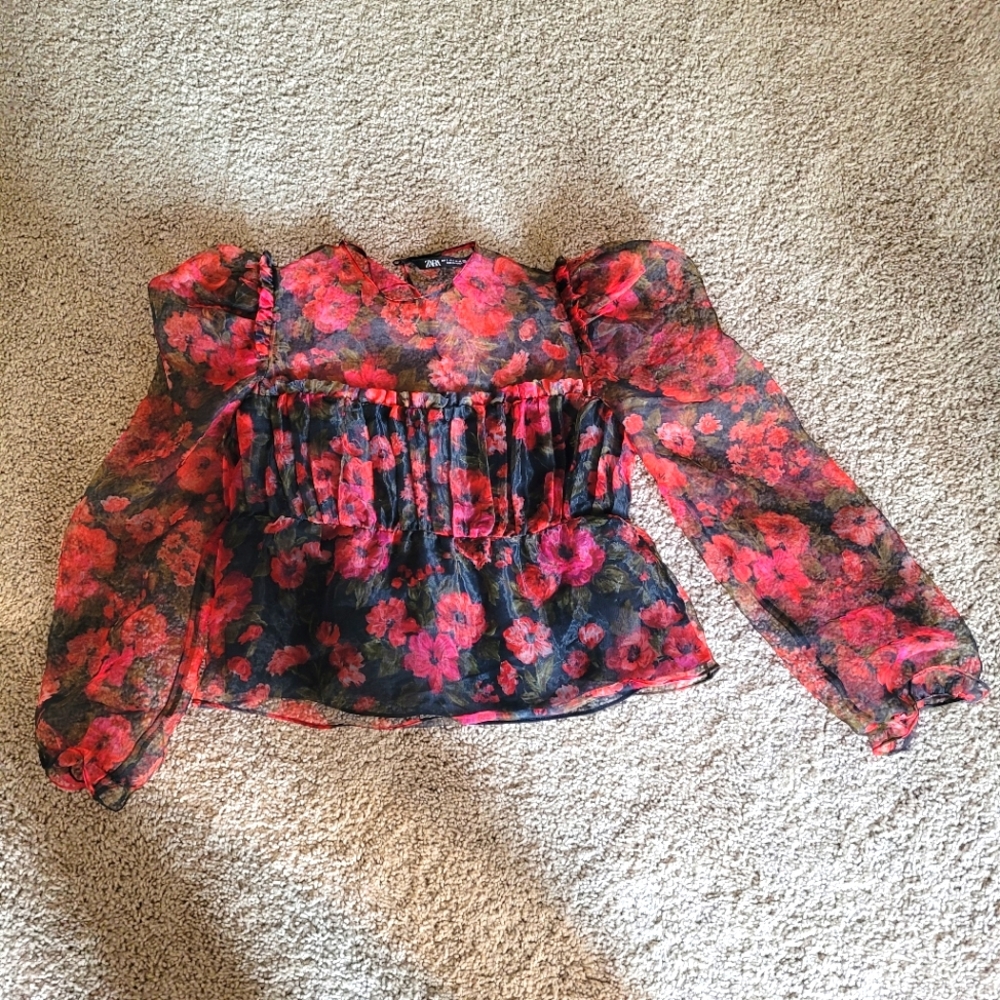 Zara Floral Print Puff Sleeve Organza Blouse